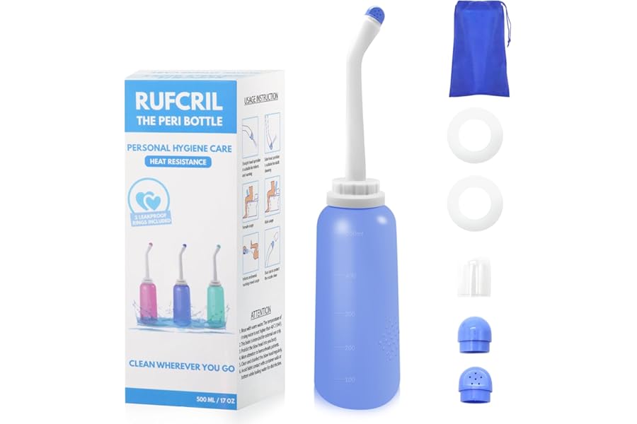 RUFCRIL Portable Travel Bidet with Carry Bag, TPE Material for High Temperature Resistance, 500ml Capacity with 2 Sealing Rings, Essentials for Postpartum Perineal Care,Hemorrhoid Treatment(Blue)