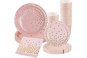 FENGRISE Pink Party Plates Cups and Napkins,Pink Paper Plates and Napkins Set with Pink Gold Party Tableware,Disposable Plates,Baby Shower Plate for Girl Birthday Party,Baby Shower,Wedding,Hen Party Decoration