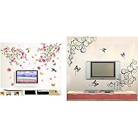 Decals Design 'Flowers Branch' Wall Sticker (PVC Vinyl, 60 cm x 90 cm),Multicolor & 'Lovely Butterflies' Wall Sticker (PVC Vinyl, 90 cm x 30 cm, Black) Combo