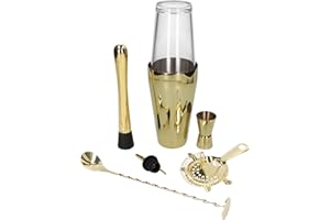 Whiskey Rocks 7-er Cocktail Shaker Set - Cocktail & Bar Zubehör - Boston Shaker - Barkeeper Set - Bar Set - Cocktail Messbecher & Stößel - Barlöffel - Polierter Stahl - Golden