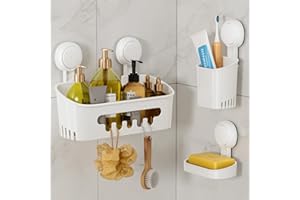 TAILI étagère de douche sans perçage, lot de 3 étagères de salle de bain avec porte-savon et porte-brosse à dents, étagère de douche murale avec ventouse,charge 10 kg pour salle de bain et cuisine