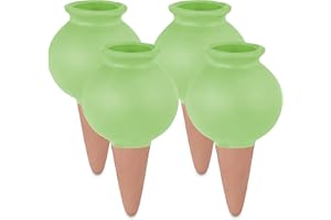 Relaxdays Tonkegel Bewässerung, 4er Set, je 100 ml Volumen, Gießkugel für Zimmerpflanzen & Balkonkästen, grün/terrakotta