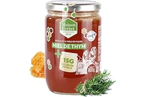 Maison Crétet |Miel de thym et Gelée Royale | 15 g de gelée royale dans ce pot | Récolté dans les garrigues préservées | préparation en pot verre |grand format économique |800g