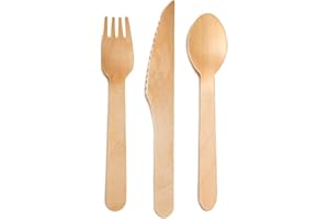 HEYNNA® Set Posate Usa e Getta Eco Friendly - Posate Legno 100% Biodegradabile - 120 Pezzi (40 Coltelli Legno, 40 Forchette Legno, 40 Cucchiai Legno) - Confezione Plastic Free