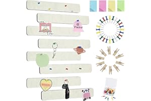 Vuzvuv 8 pcs Bulletin Board Bar Strips with 50 Pushpins & 10 Wooden Clip pins，Self Adhesive Cork Board for Wall，Felt Pin Board for School，Office Decor(Cream White)