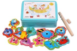 Enzege Gioco di Pesca Magnetica Pesca A Line, Tutti Piccoli - Include 15 Pesci Differenti, 1 Canna, Puzzle in Legno