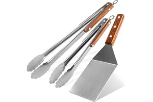 ESIE HOUZIE Stainless Steel Barbecue Tongs Grill Spatula Set- 34.5 & 44.5 cm Kitchen Tongs and Metal Spatula with Wooden Handles Space-Saving BBQ Accessories for Kitchen Cooking, Family Barbecues, Teppanyaki