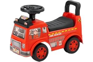 QUICKDRAW Ride On Fire Engine Car for Toddlers – Push Along Foot to Floor Sit and Scoot Fire Truck – Indoor Outdoor Kids Ride-On with Steering Wheel Horn & Sounds – Sturdy Plastic Rescue Vehicle Toy