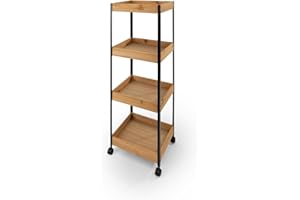 LIN HOME Carrito de Almacenamiento de Madera y Metal Multiuso 35x25x95cm con 4 Estantes - Mueble Auxiliar para Almacenaje Ideal para Baño, Cocina, Salón