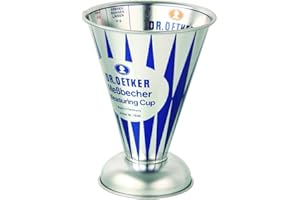 Dr. Oetker Messbecher Nostalgie, Messkanne aus Weißblech, trichterförmiger Messbecher mit vielfältiger Skalierung aus der Serie "Modern Baking - Retro Design" (Maße: Ø11x14,5 cm), Menge: 1 Stück, Silber
