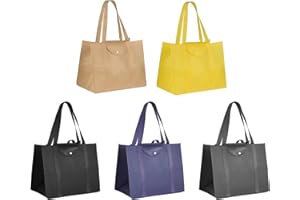 aceyoon Lot de 5 Sac de Course Reutilisable et Pliable, Grand Sac à Provisions en Tissu, avec Longues Poignées Solides Sac à Main Femme Homme pour Shopping, Pique-nique 41 x 26 x 33cm