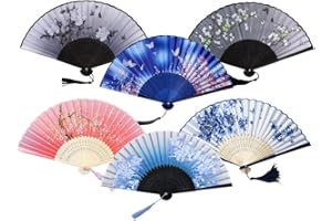 Hitopin 6PCS Folding Hand Fans, Bamboo Silk Folding Fans, Chinese Fans Folding Fans, Retro Style Silk Fans, Handheld Folding Fan, for Festival, Dance, Gift, Performance, Decorations
