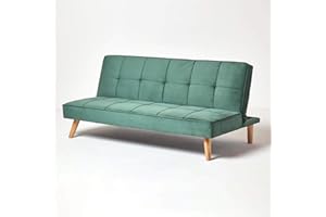 HOMESCAPES Velvet Sofa Bed Dark Green 3 Seater Sofa Click Clack Bed Sleeper Retro Range ‘Bower’ Bed Settee on Wooden Legs for Study Guest and Living Room