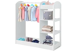 ‎DREAMADE DREAMADE Kinderkleiderschrank mit Spiegel und Kleiderstange, Kinder Kleiderschrank Kinderregal mit 4 offener Ablagen, Kinder Kleiderständer für Kinderzimmer, 93,5x38x100cm (Weiß)