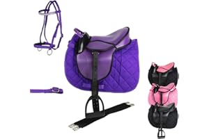 ‎MARENGOS Marengos - Holzpferd Sattel Set | Sattel für Holzpferd mit Sattelgurt, Schabracke, Trense, Steigbügel & -Riemen | Sattel aus Kunstleder | Sattel-Typ Advanced in violett | Größe 12"