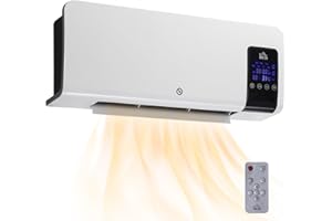 HOMCOM Calefactor Eléctrico Bajo Consumo, 1000/2000W, Calefactor de Baño de Pared con Función de Oscilación, Pantalla LED, Protección contra Sobrecalentamiento, Temporizador, Mando para 15-20m² Blanco