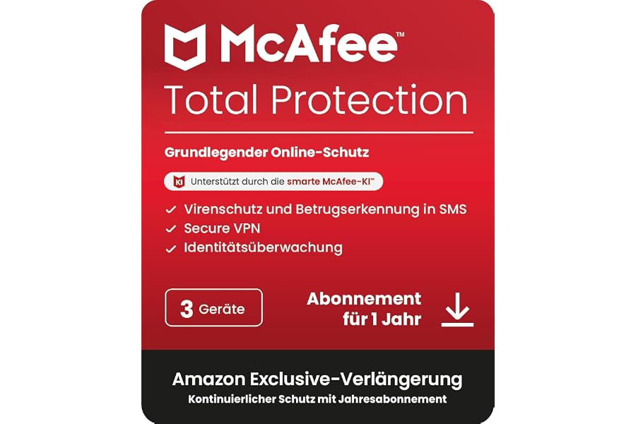 McAfee Total Protection (3 Geräte) 2025 | Secure VPN, Sicherheitssoftware mit Virenschutz,Kennwort-Manager, Identitätsüberwac