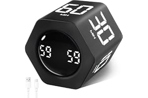 ‎CUTEEFUN Cuteefun Cube Timer, sześciokątny cyfrowy zegar obrotowy, 1-5-10-30-60 min konto, tryb cichy i wibracyjny, regulacja głośności, zarządzanie czasem do kuchni, biurka, gabinetu, czarny
