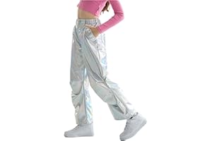 LOLANTA Dziecięce błyszczące metaliczne spodnie do tańca, retro, hip-hop, strój taneczny, luźny krój, bojówki, elastyczna talia, odzież uliczna dla dzieci w wieku 6-13 lat