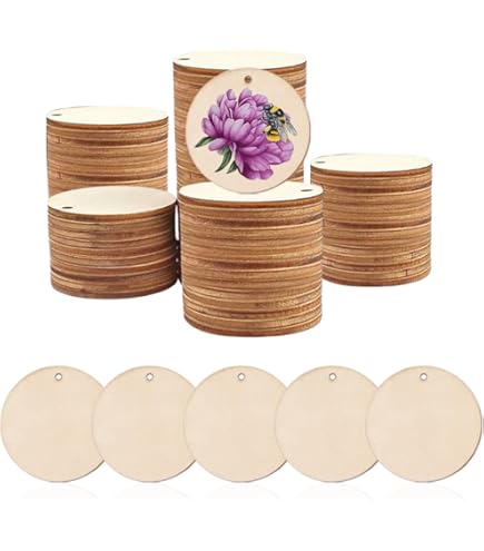 WZYTEU 100 stuks houten schijven met gat, ronde houten platen, 3 mm dik, voor schilderen, bruiloft, kerstdecoratie, knutselen, beschrijven (4 cm