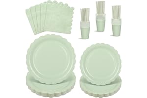 NATNARR 125 StüCk Partygeschirr Set für 25 Gäste, Gewellte Salbeigrün Pappteller und Becher Set, Servietten Salbeigrün und Papierstrohhalme für Babypartys, Geburtstag, Hochzeiten