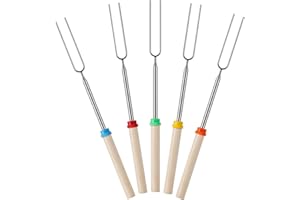 QXCFTW 5 Pack Marshmallow Toasting Forks Kit, Extendable Stainless Steel Smores Sticks for Fire Pit, BBQ and Campfire, Outdoor Campfire Accessories for Roasting Marshmallows and Hot Dogs
