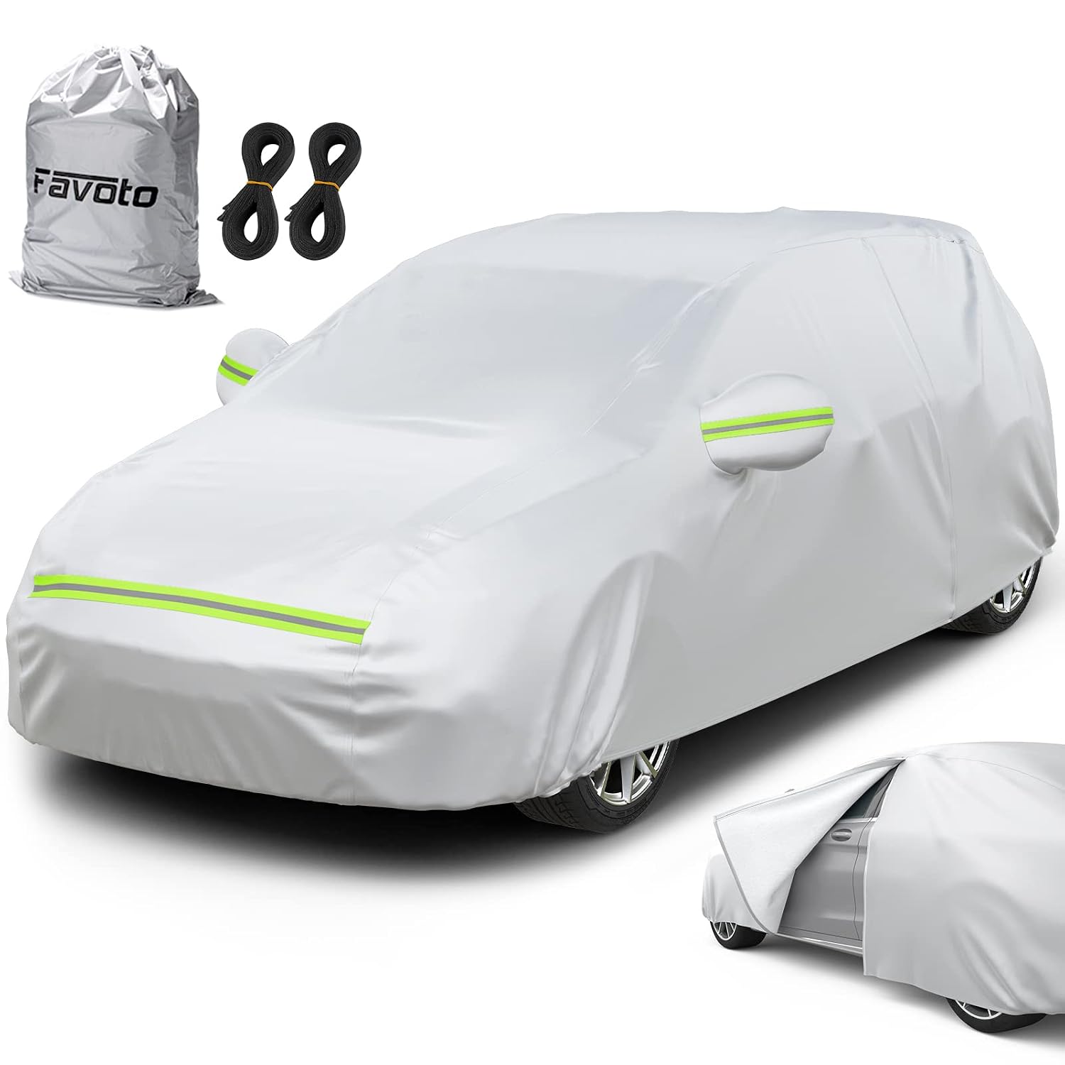 Favoto Telo Copriauto Invernale Felpato da Esterno Impermeabile Telo per Auto per Berlina 2 Volumi Realizzato in PEVA+Cotone con Zip, Resistente ad Acqua Polvere Neve Sole Freddo (435x180x160cm)