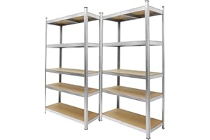 ECD Germany Juego De 2 Estanterías Para Cargas Pesadas 200x100x50 cm De Metal Galvanizado Con 5 Estantes De Madera Tableros MDF Cargable Hasta 750kg Montaje Sin Tornillos Banco De Trabajo Taller