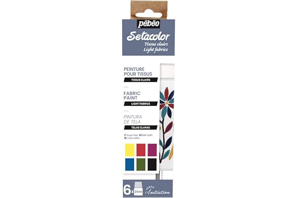 Pébéo Set initiation Setacolor tissus clairs mat 6 x 20 ml, Coloris Assortis 756482, Jaune Citron + Rouge Cardinal + Fuchsia + Bleu Cobalt + Vert Mousse + Noir