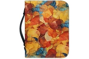 Kuiaobaty Fall Leaves Print Zipper Book Cover with Bookmark, Yellow Orange Leaf Faux Leather Bible Book Carrying Bag Christian Gifts