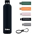 Exllena Insulated Black Water Bottles 1l with Clip, Double Wall Vacuum Drinks Bottle Keeps Drinks Cold 24 Hrs/Hot 12 Hrs, Stainless Steel Water Bottle BPA Free