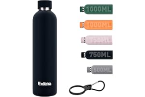 Exllena Insulated Black Water Bottles 1l with Clip, Double Wall Vacuum Drinks Bottle Keeps Drinks Cold 24 Hrs/Hot 12 Hrs, Stainless Steel Water Bottle BPA Free