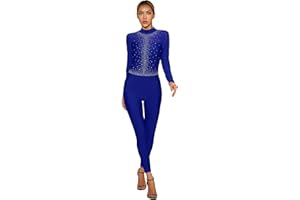 YiZYiF Donna Balletto Body da Danza Tuta Intera Ginnastica Artistica Strass Bodysuit Pattinaggio Catsuit Manica Lunga Jumpsuit Leotard Dancewear