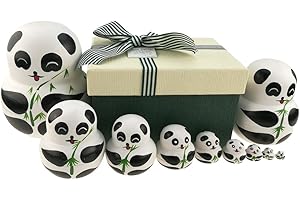 GINO Set of 10 Big-belly Wooden Handmade Panda Bear With Bamboo Nesting Dolls Matryoshka Russian Doll in a Box With Bow For Kids Toy Home Decoration New Year