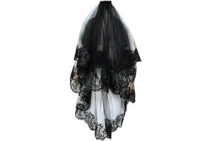 YO-HAPPY Hochzeitsschleier, einlagig, für Frauen und Mädchen, Schwarz, Mantasie, Schleier, Hochzeit, Stickerei, Floral, Spitze, Trim, Halloween, Cosplay, Kostüm, reines Haar Zubehör