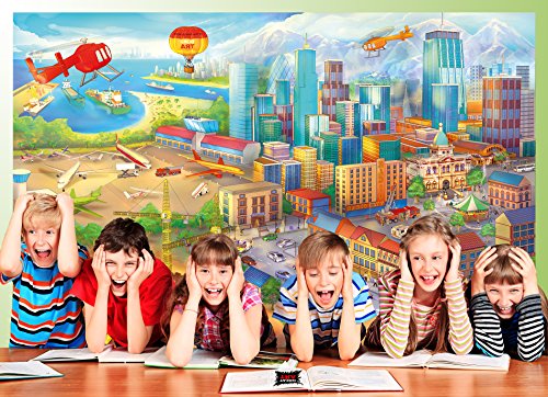 Fototapete Kinderzimmer comic style – Wandbild Dekoration Wimmelbild Großstadt Baustelle Hubschrauber Flugzeug Bagger Flughafen | Foto-Tapete Wandtapete Fotoposter Wanddeko by GREAT ART (336 x 238 cm) - 9