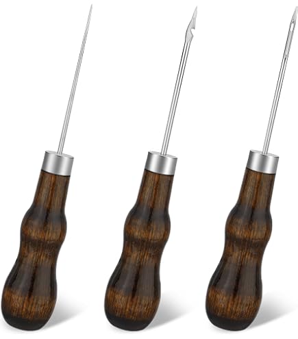 RLECS Nähahlen-Set Aus Stahl – 3-teilig Mit Gerader, Haken- & Rundloch-Ahle Für Leder, Segeltuch & Mehr