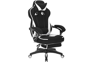 WOLTU Sedia Gaming Tessuto Traspirante Sedia Ufficio Ergonomica con Poggiapiedi, Livestreaming Sedia Girevole Poltrona Gaming con Schienale & Sedile Grandi per Persone di Taglia Grande Nero+Bianco
