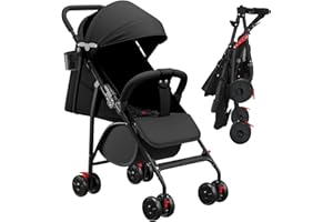OHMG Passeggino 2-in-1 Leggero e Compatto, 25 Kg, Reclinabile con Culla, Chiusura con una Mano, Capotte Parasole e Parapioggia, Zanzariere, Cinture di Sicurezza a 5 Punti, Schienale Regolabile, Nero