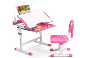 Maxmass Kids Study Desk Chair Set, Height Adjustable Children Table and Chair with Tilted Desktop, Book Stand, LED Lamp and Pull-Out Drawer, School Students Work Station for Reading Writing (Pink)