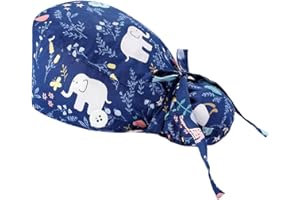 Tomedeks Scrub Hats Surgical Women,Long Hair Bouffant Hat,Scrub Cap,Surgical Cap,Printed Bouffant Turban Cap,Adjustable,Medical Scrub Caps Women With Button Closure,Cotton Scrub Hat(Elephant)