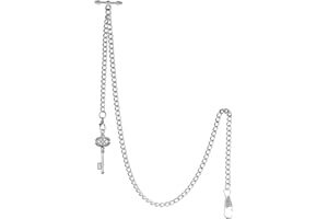 TREEWETO Men's Albert Chain Pocket Watch Curb Link Key Chain 2 Hooks with Antique Key Pendant Design Charm Fob T Bar