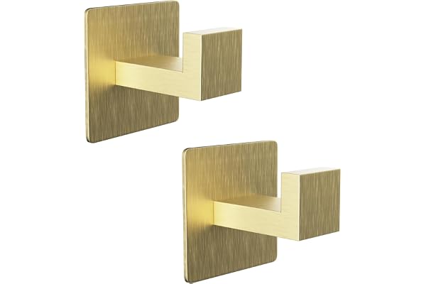 YUET 2 Pièces Carré Crochet Adhésif Mural Acier Inoxydable SUS 304 Accroche Torchon Tableau Sans Percer Patère Autocollant Pour Cuisine Serviettes Porte Salle de Bain, Doré