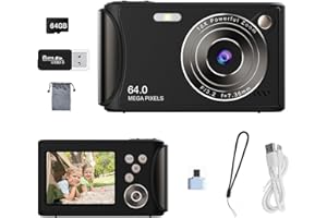 Cienxuan Digital Camera 1080P FHD 64MP with 2.4 LCD Scree,18X Digital Zoom, Comact Portale Vloggig Camera with 64g SD Card ad TyeC OTG Adater for Kid Tee Studet Begier Black
