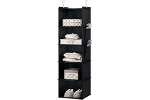 YOUDENOVA Étagère à Suspendre, Rangement Suspendu, Organisateur de Vêtements, en Tissu, 5 Compartiments, Pliable, Renfort Intérieur en Bambou Noir