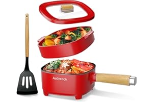 ‎AUDECOOK Audecook Elektrischer Hot Pot mit Dampfgarer, 2L/20cm Antihaft Elektropfanne mit Keramikglasur, Tragbarer Multikocher für Ramen, Steak, Ei, Haferflocken, Suppe, 350W/800W (Rot)