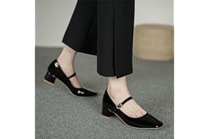 YUAB Scarpe Mary Jane da Donna Primavera e Autunno Scarpe con Tacco Basso in Pelle Verniciata Scarpe da Ragazza con Fibbia Bassa Punta Quadrata-Nero,35