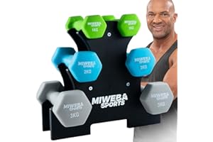 ‎MIWEBA SPORTS Miweba Sports Hanteln Set Neopren & Vinyl NKH120 - Kurzhantel Set 2 x 1 kg | 2 x 2 kg | 2 x 3 kg | 𝐏𝐫𝐨𝐟𝐢 Hantel Gewichte - Hexagon Kurzhanteln inkl. Hantelständer - Hantelset - Kurzhantelset
