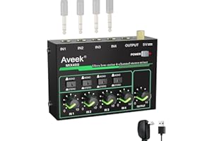 Aveek 4 Channel Mixer - Mini 4 Stereo Audio Mixer, Low-Noise for Precision Sub-Mixing,1/4" TRS Input/Output Ideal for Mics/Guitars/Bass/Stage