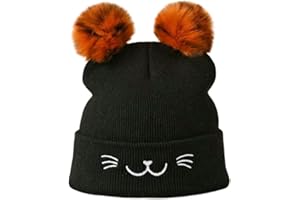 Textiles 4 Home Women’s Girls Knitted Winter Beanie Hat with Two Pom Poms and Embroidered Cat Whiskers